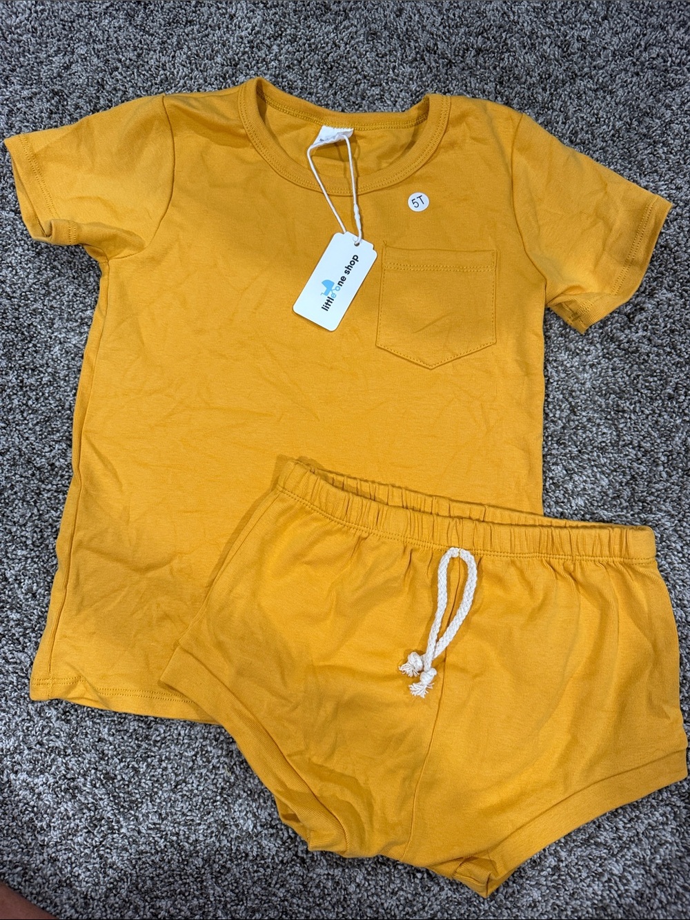 Kids Short Sleeve  Set in Mustard Yellow - Pocket Tee & Drawstring Shorts